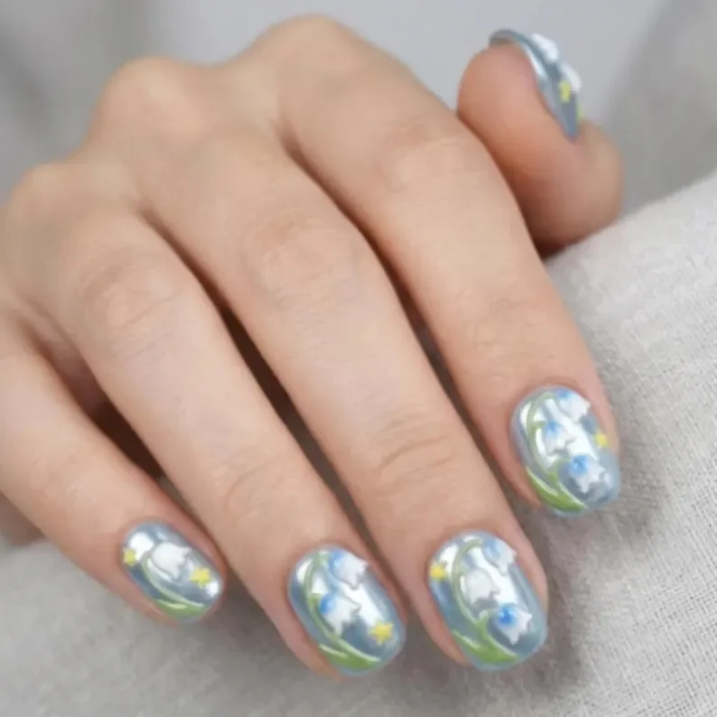 Blue Chrome Nails, Floral Art Nails, press on nails, custom press on nails, fake nails, Nails Art, stained glass nails, gold press on nails, 3d press on nails, luxury press on nails, handmade press on nails