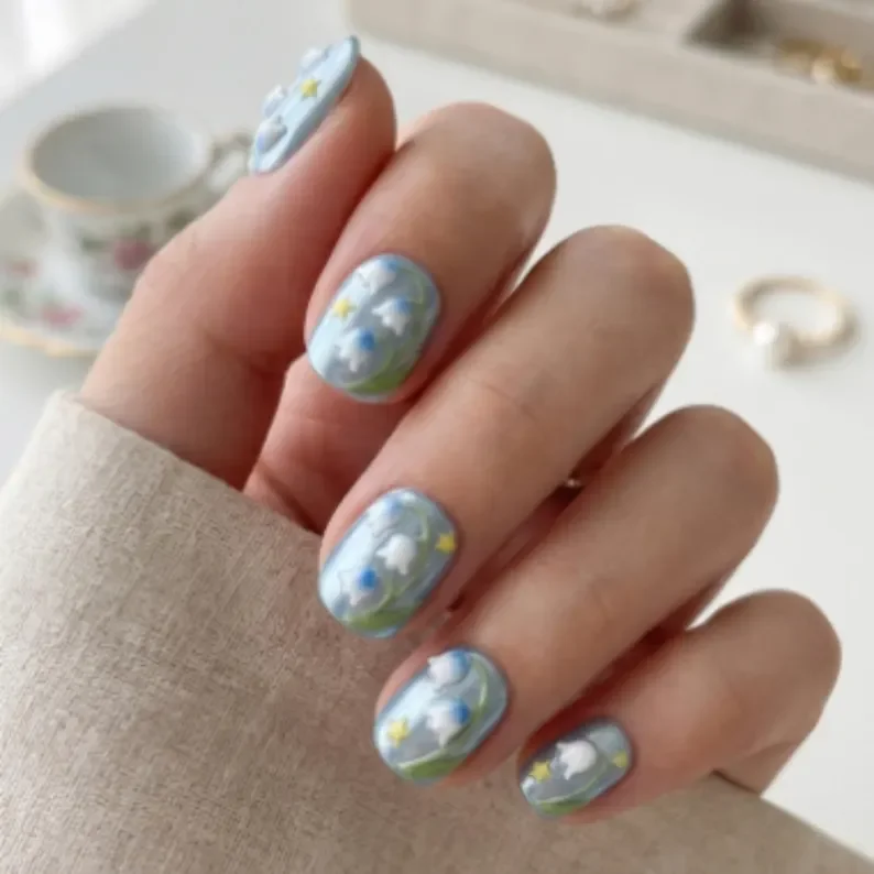 3D Floral Design, Press On Nail Set, press on nails, custom press on nails, fake nails, Nails Art, stained glass nails, gold press on nails, 3d press on nails, luxury press on nails, handmade press on nails