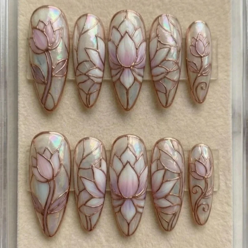 3D lotus nails, stained glass nails, press on nails, custom press on nails, fake nails, Nails Art, gold press on nails, 3d press on nails, luxury press on nails, handmade press on nails