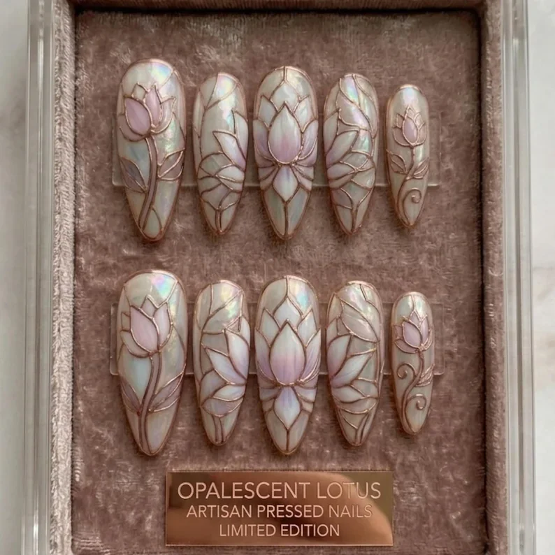3D lotus nails, stained glass nails, press on nails, custom press on nails, fake nails, Nails Art, gold press on nails, 3d press on nails, luxury press on nails, handmade press on nails