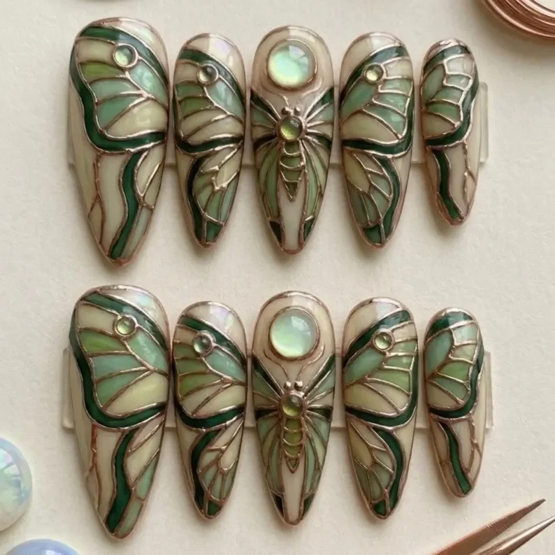 3D Luna Moth, Stained Glass Nails, press on nails, custom press on nails, fake nails, Nails Art, stained glass nails, gold press on nails, 3d press on nails, luxury press on nails, handmade press on nails