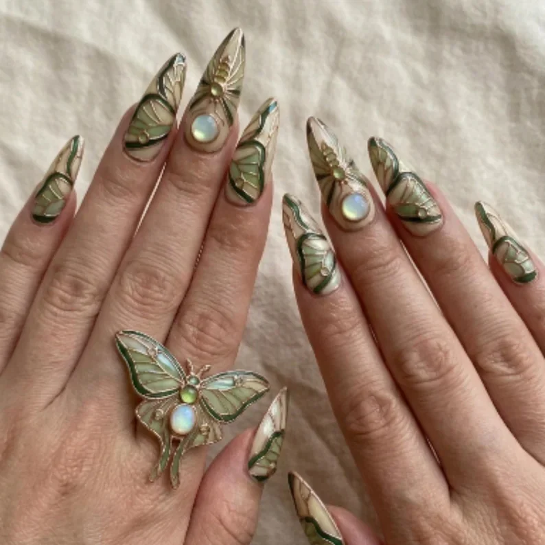 Sage Green Nails, Wing Nail Art, press on nails, custom press on nails, fake nails, Nails Art, stained glass nails, gold press on nails, 3d press on nails, luxury press on nails, handmade press on nails