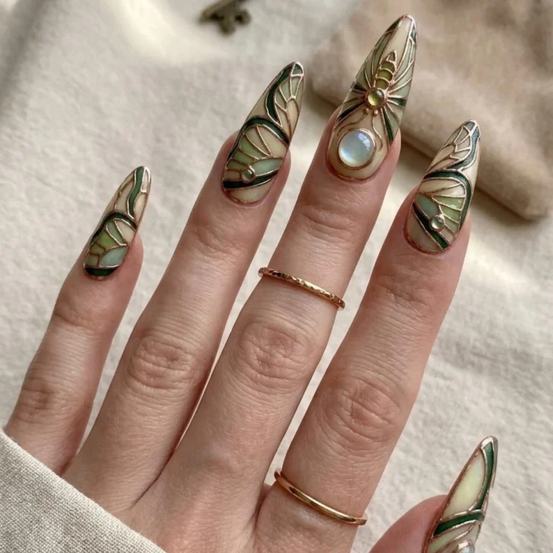 3D Wing Design, Iridescent Sage, press on nails, custom press on nails, fake nails, Nails Art, stained glass nails, gold press on nails, 3d press on nails, luxury press on nails, handmade press on nails