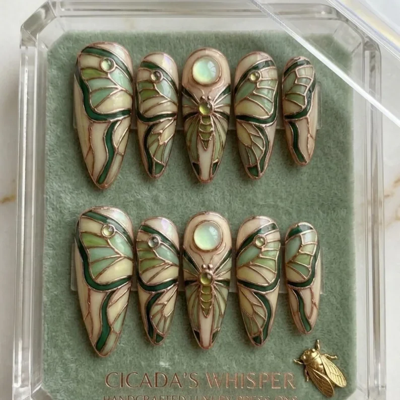 Luna Moth Nails, 3D Luna Moth, press on nails, custom press on nails, fake nails, Nails Art, stained glass nails, gold press on nails, 3d press on nails, luxury press on nails, handmade press on nails