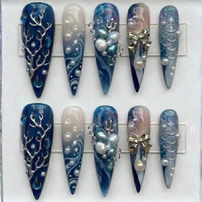 pearl press on, mermaidcore nail art, press on nails, custom press on nails, fake nails, Nails Art, stained glass nails, gold press on nails, 3d press on nails, luxury press on nails, handmade press on nails