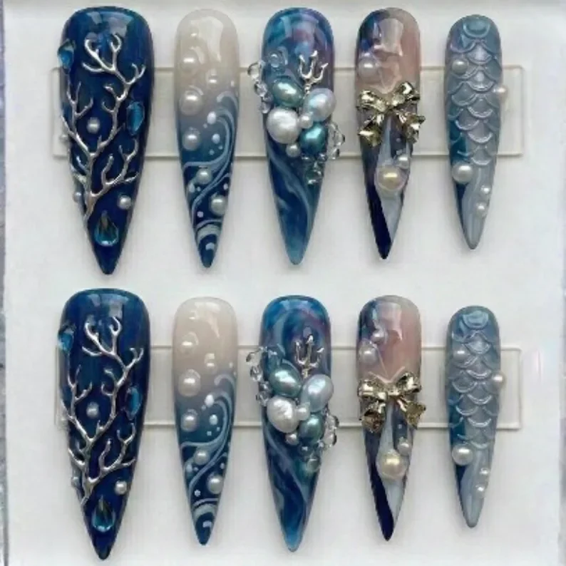 3D luxury nails, ocean silver coral, press on nails, custom press on nails, fake nails, Nails Art, stained glass nails, gold press on nails, 3d press on nails, luxury press on nails, handmade press on nails
