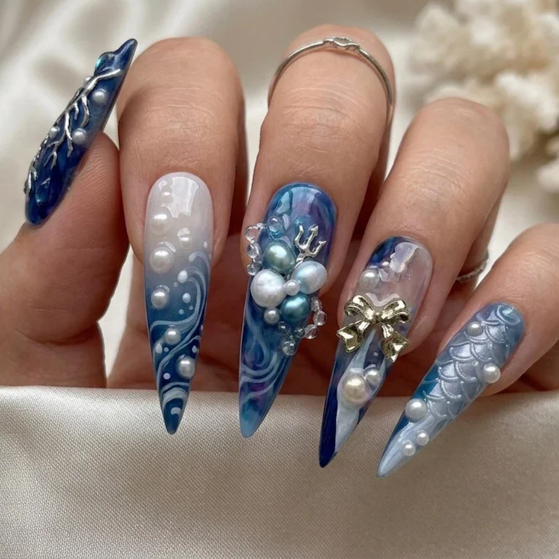 pearl press on, mermaidcore nail art, press on nails, custom press on nails, fake nails, Nails Art, stained glass nails, gold press on nails, 3d press on nails, luxury press on nails, handmade press on nails