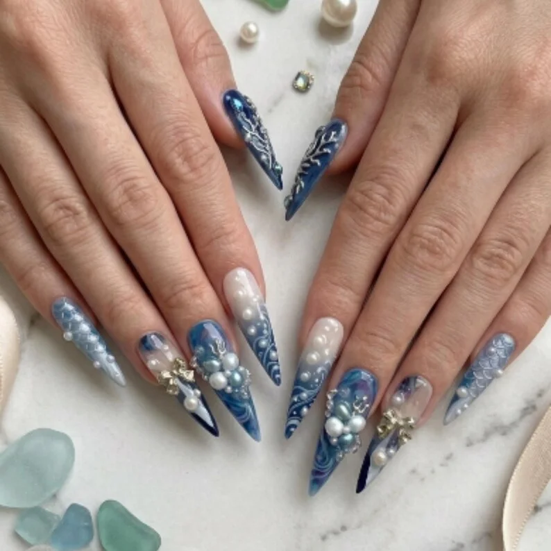 dark mermaid nails, press on nails, custom press on nails, fake nails, Nails Art, stained glass nails, gold press on nails, 3d press on nails, luxury press on nails, handmade press on nails