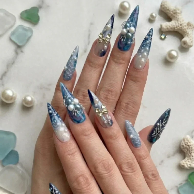 coral pearl nails, luxury nail set, press on nails, custom press on nails, fake nails, Nails Art, stained glass nails, gold press on nails, 3d press on nails, luxury press on nails, handmade press on nails