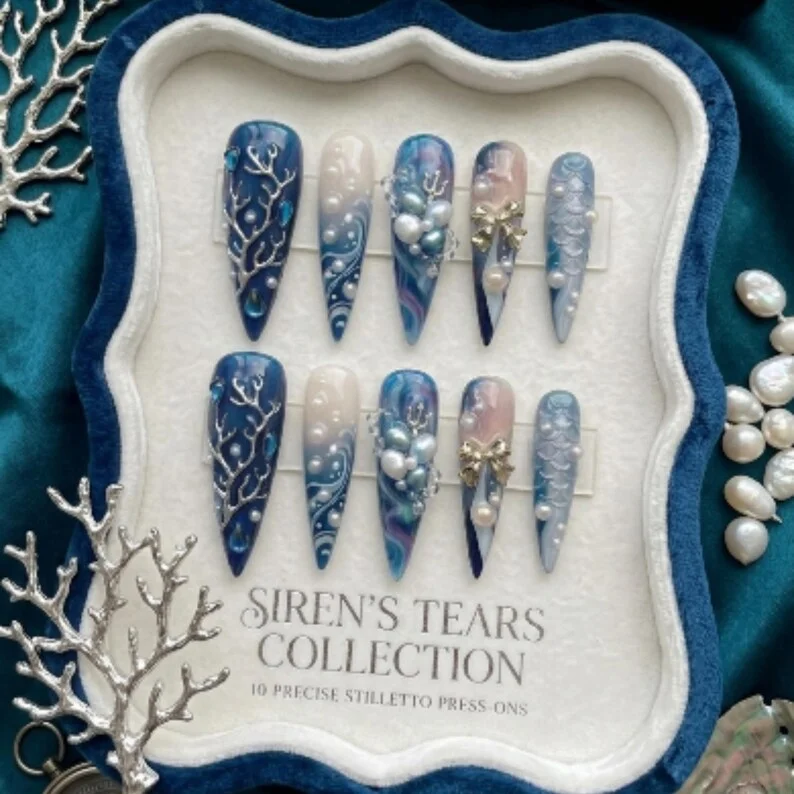 3D luxury nails, ocean silver coral, press on nails, custom press on nails, fake nails, Nails Art, stained glass nails, gold press on nails, 3d press on nails, luxury press on nails, handmade press on nails