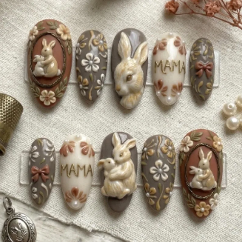 3D bunny press on nails, Mama and baby nails, press on nails, custom press on nails, fake nails, Nails Art, stained glass nails, gold press on nails, 3d press on nails, luxury press on nails, handmade press on nails