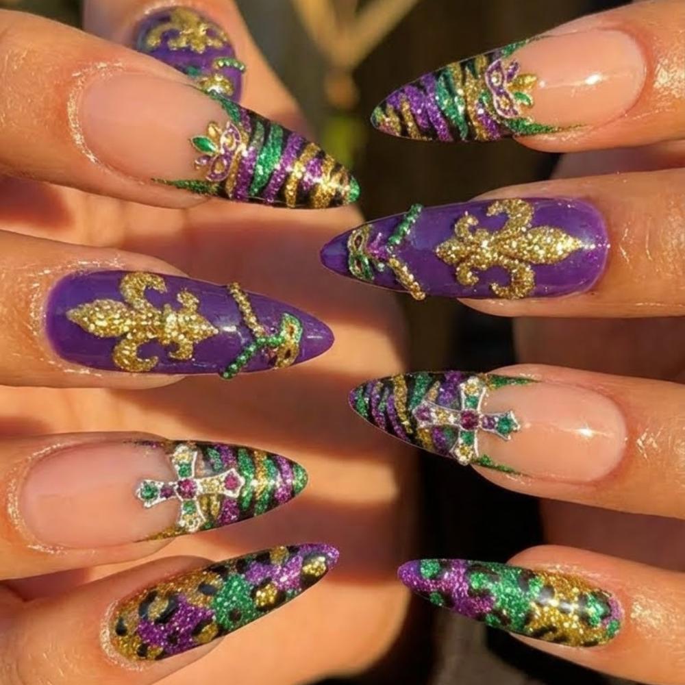 3D Mardi Gras, Press On Nails, press on nails, custom press on nails, fake nails, Nails Art, stained glass nails, gold press on nails, 3d press on nails, luxury press on nails, handmade press on nails