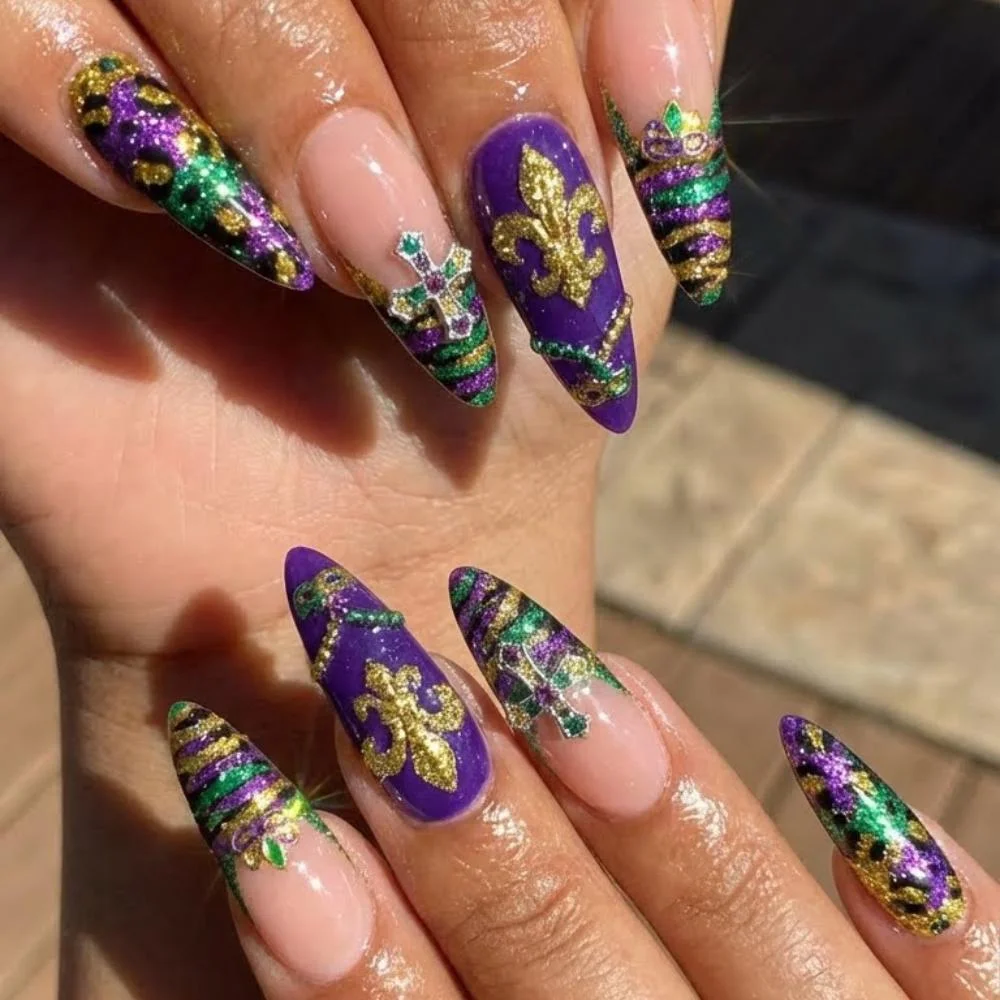 Stiletto Nails, Mardi Gras Nails, press on nails, custom press on nails, fake nails, Nails Art, stained glass nails, gold press on nails, 3d press on nails, luxury press on nails, handmade press on nails