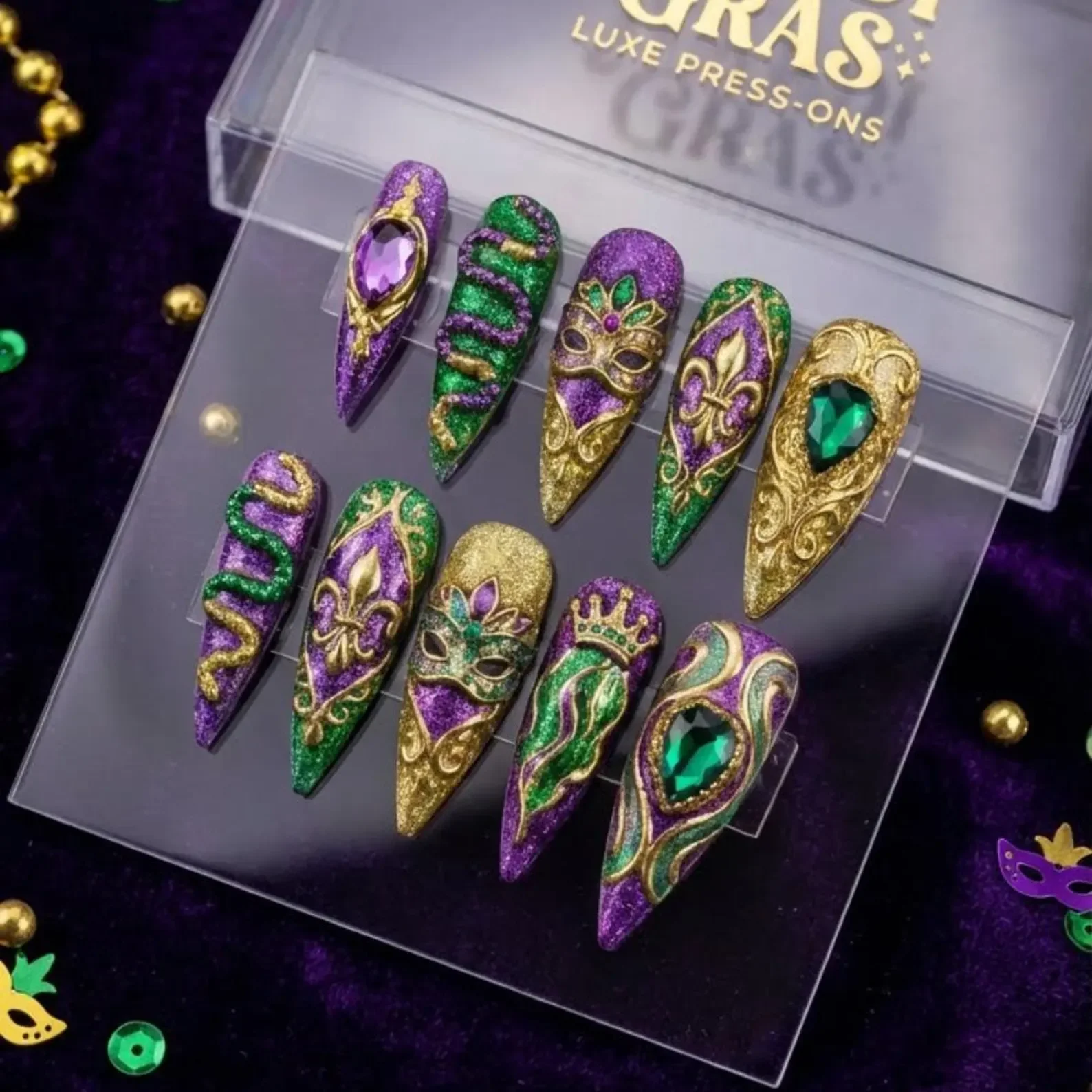 3D Mardi Gras nails, Press on nails, press on nails, custom press on nails, fake nails, Nails Art, stained glass nails, gold press on nails, 3d press on nails, luxury press on nails, handmade press on nails