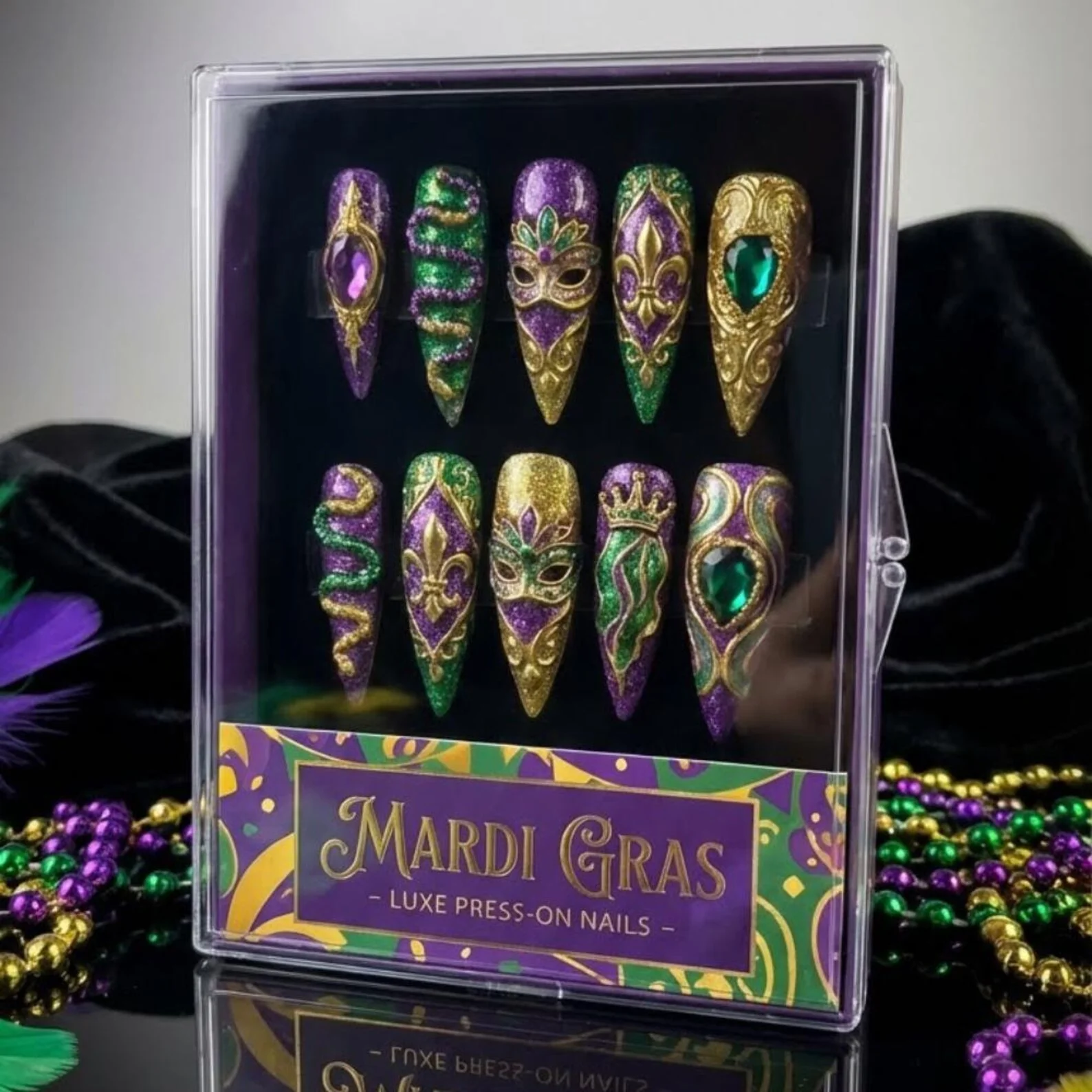 Masquerade stiletto, 3D decorative nails, press on nails, custom press on nails, fake nails, Nails Art, stained glass nails, gold press on nails, 3d press on nails, luxury press on nails, handmade press on nails