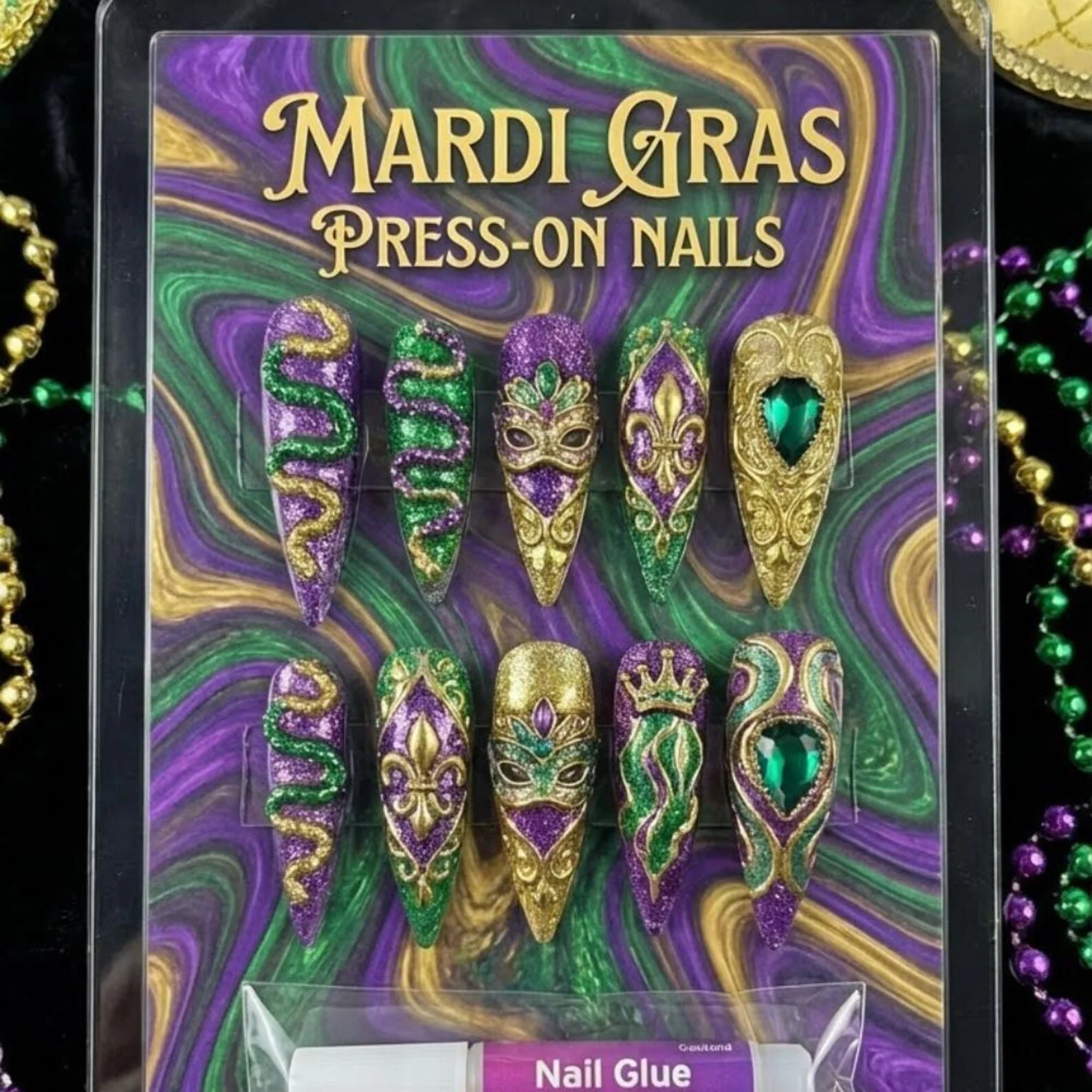 3D Mardi Gras nails, Press on nails, press on nails, custom press on nails, fake nails, Nails Art, stained glass nails, gold press on nails, 3d press on nails, luxury press on nails, handmade press on nails