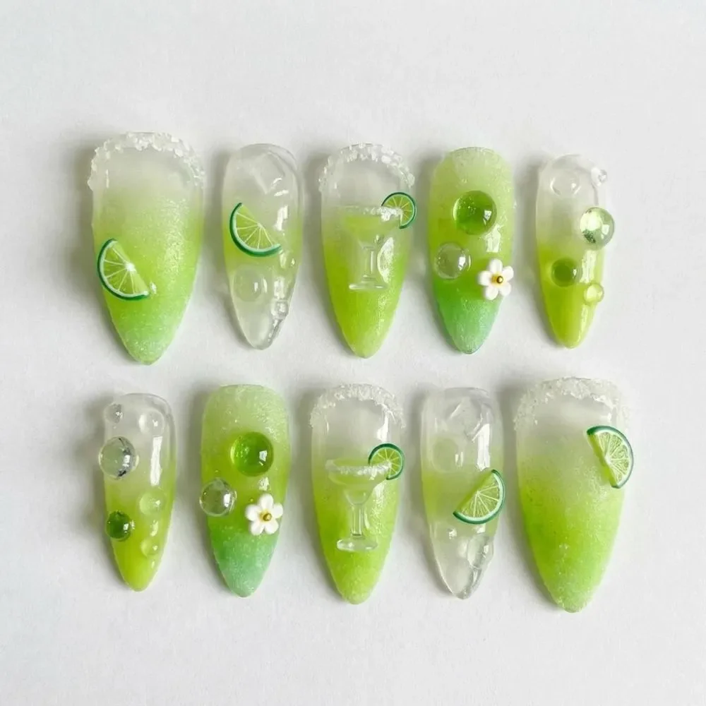 3D Margarita Nails, Margarita Cocktail, press on nails, custom press on nails, fake nails, Nails Art, stained glass nails, gold press on nails, 3d press on nails, luxury press on nails, handmade press on nails