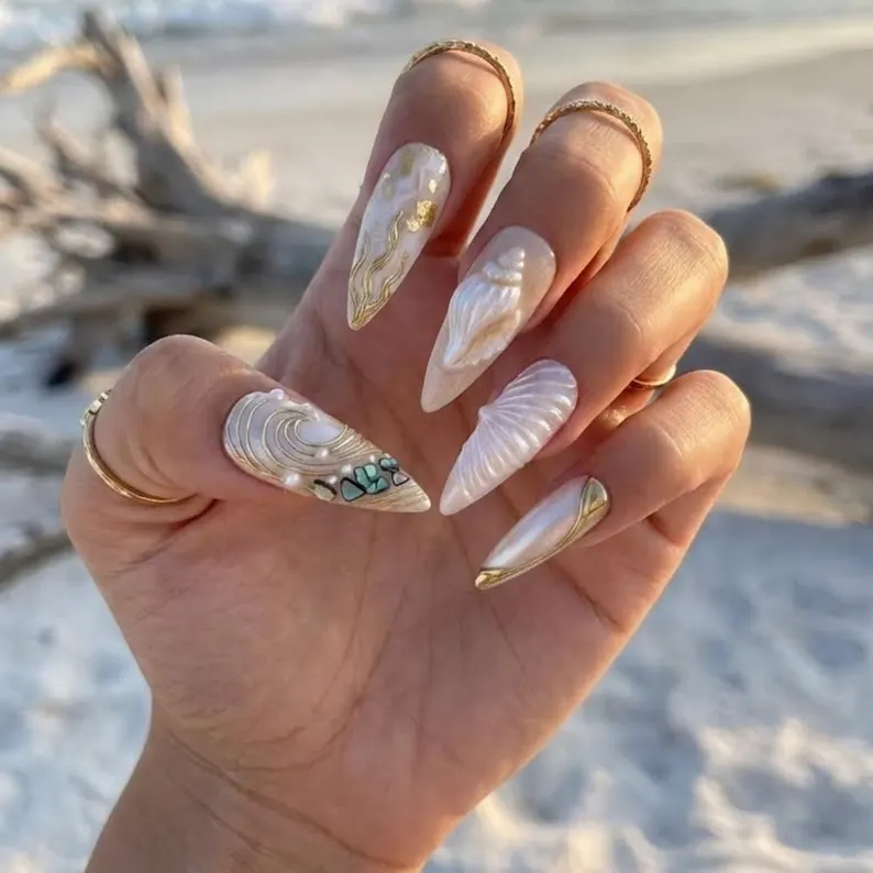 Gold Chrome, Abalone Shell, press on nails, custom press on nails, fake nails, Nails Art, stained glass nails, gold press on nails, 3d press on nails, luxury press on nails, handmade press on nails