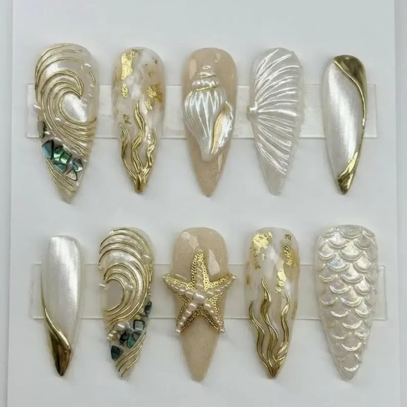 Gold Chrome, Abalone Shell, press on nails, custom press on nails, fake nails, Nails Art, stained glass nails, gold press on nails, 3d press on nails, luxury press on nails, handmade press on nails