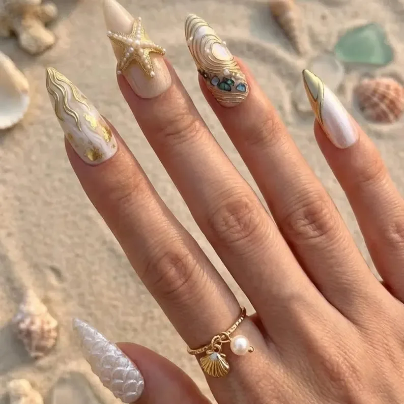 Bridal Beach, Mermaid Nail Art, press on nails, custom press on nails, fake nails, Nails Art, stained glass nails, gold press on nails, 3d press on nails, luxury press on nails, handmade press on nails