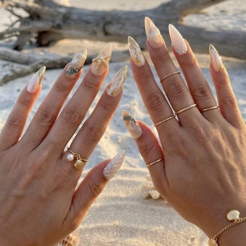 Chrome Press Ons, Shell Nail Design, press on nails, custom press on nails, fake nails, Nails Art, stained glass nails, gold press on nails, 3d press on nails, luxury press on nails, handmade press on nails