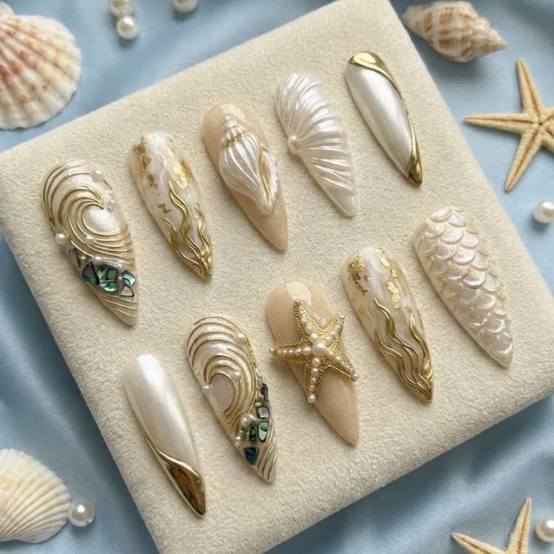 3D Mermaid Nails, Press-On Nails, press on nails, custom press on nails, fake nails, Nails Art, stained glass nails, gold press on nails, 3d press on nails, luxury press on nails, handmade press on nails