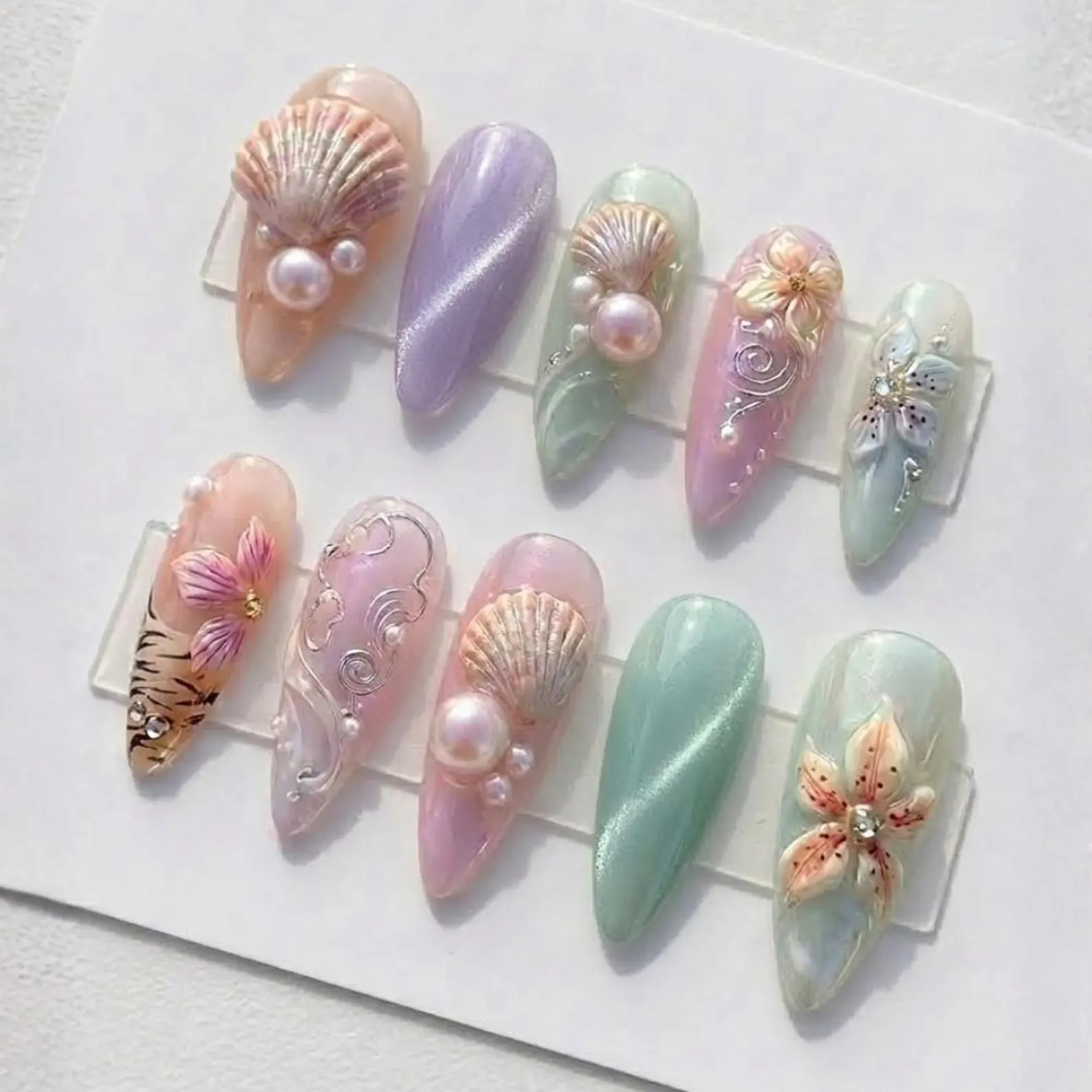 Stiletto Nails, Ocean Beach Art, press on nails, custom press on nails, fake nails, Nails Art, stained glass nails, gold press on nails, 3d press on nails, luxury press on nails, handmade press on nails