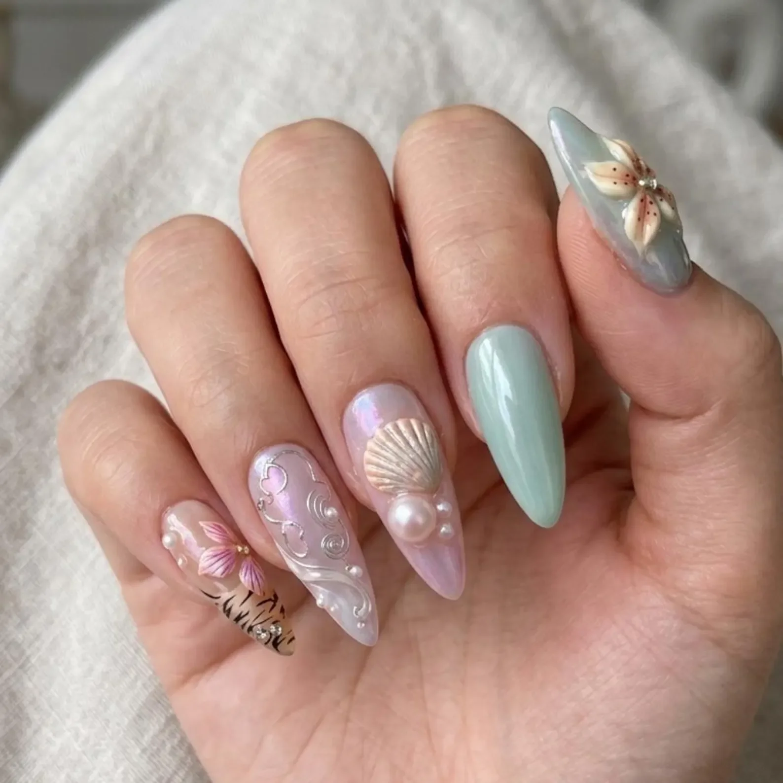 Pastel Cat Eye, Floral Ocean Beach, press on nails, custom press on nails, fake nails, Nails Art, stained glass nails, gold press on nails, 3d press on nails, luxury press on nails, handmade press on nails
