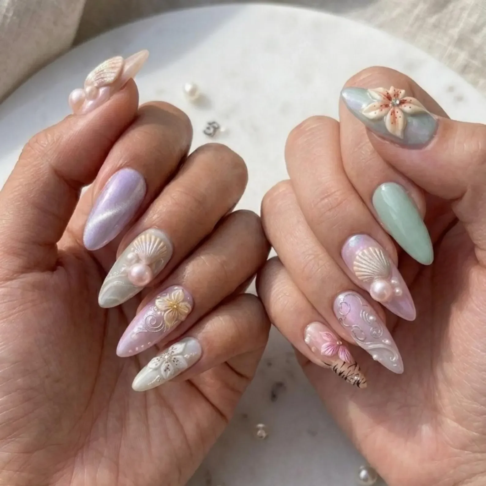 Stiletto Nails, Ocean Beach Art, press on nails, custom press on nails, fake nails, Nails Art, stained glass nails, gold press on nails, 3d press on nails, luxury press on nails, handmade press on nails