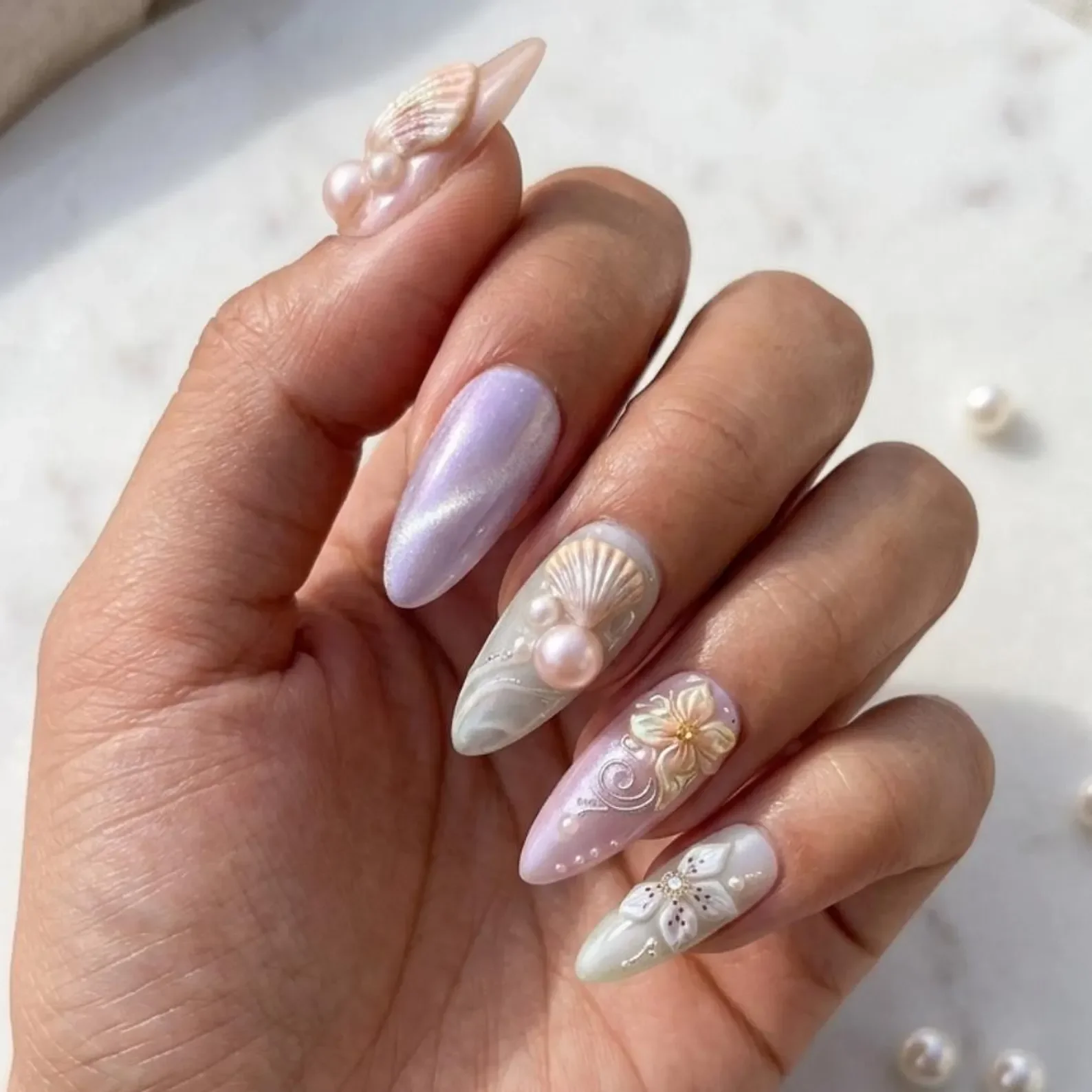 Mermaid Nail Design, Seashell Nail Set, press on nails, custom press on nails, fake nails, Nails Art, stained glass nails, gold press on nails, 3d press on nails, luxury press on nails, handmade press on nails