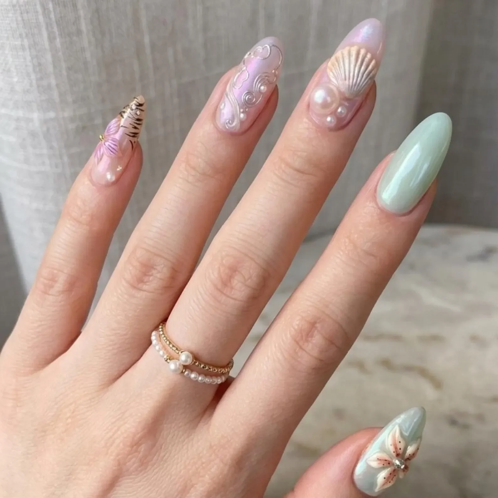 3D Mermaid Seashell, Press On Nails, press on nails, custom press on nails, fake nails, Nails Art, stained glass nails, gold press on nails, 3d press on nails, luxury press on nails, handmade press on nails