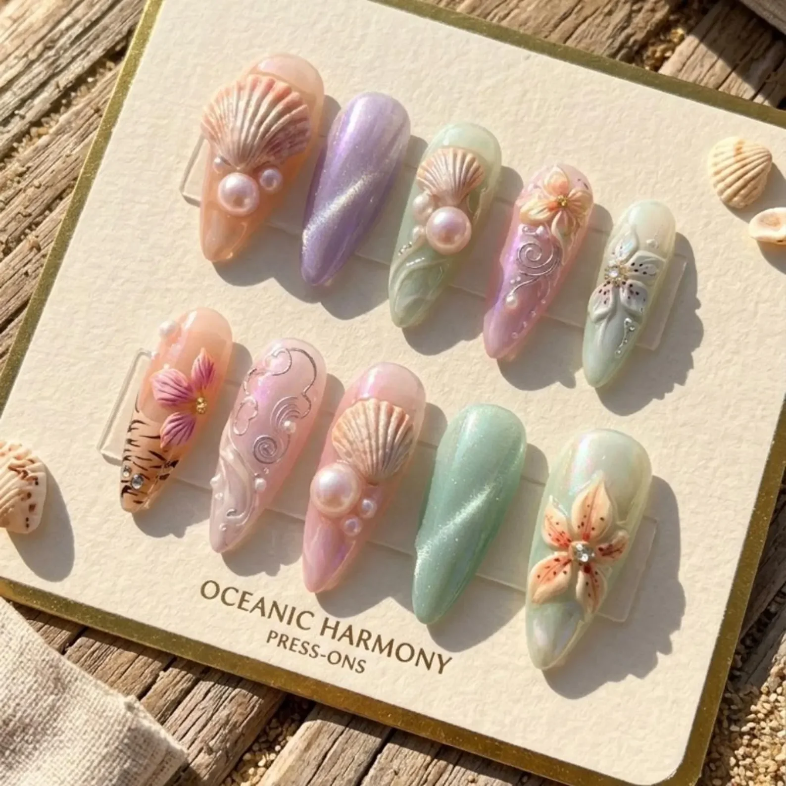 Pastel Cat Eye, Floral Ocean Beach, press on nails, custom press on nails, fake nails, Nails Art, stained glass nails, gold press on nails, 3d press on nails, luxury press on nails, handmade press on nails