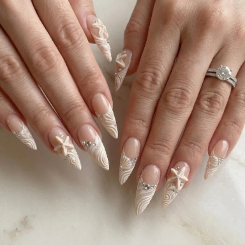 starfish beach, beach wedding gift, press on nails, custom press on nails, fake nails, Nails Art, stained glass nails, gold press on nails, 3d press on nails, luxury press on nails, handmade press on nails