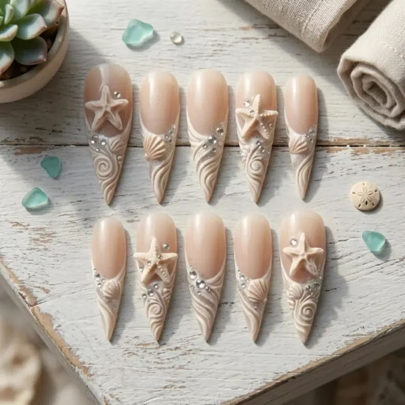 3D mermaidcore nails, seashell bridal nails, press on nails, custom press on nails, fake nails, Nails Art, stained glass nails, gold press on nails, 3d press on nails, luxury press on nails, handmade press on nails