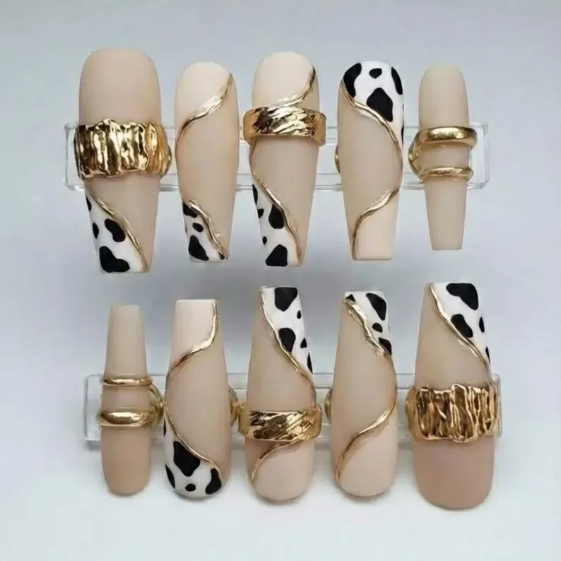 3D molten gold, cow print nails, press on nails, custom press on nails, fake nails, Nails Art, stained glass nails, gold press on nails, 3d press on nails, luxury press on nails, handmade press on nails