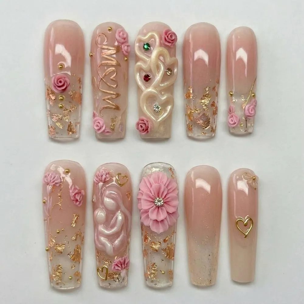 3D Mom Child, Mom and Child, press on nails, custom press on nails, fake nails, Nails Art, stained glass nails, gold press on nails, 3d press on nails, luxury press on nails, handmade press on nails