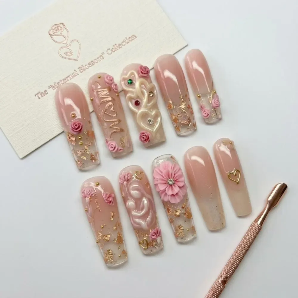 Gold Foil, Floral Sculpture, press on nails, custom press on nails, fake nails, Nails Art, stained glass nails, gold press on nails, 3d press on nails, luxury press on nails, handmade press on nails