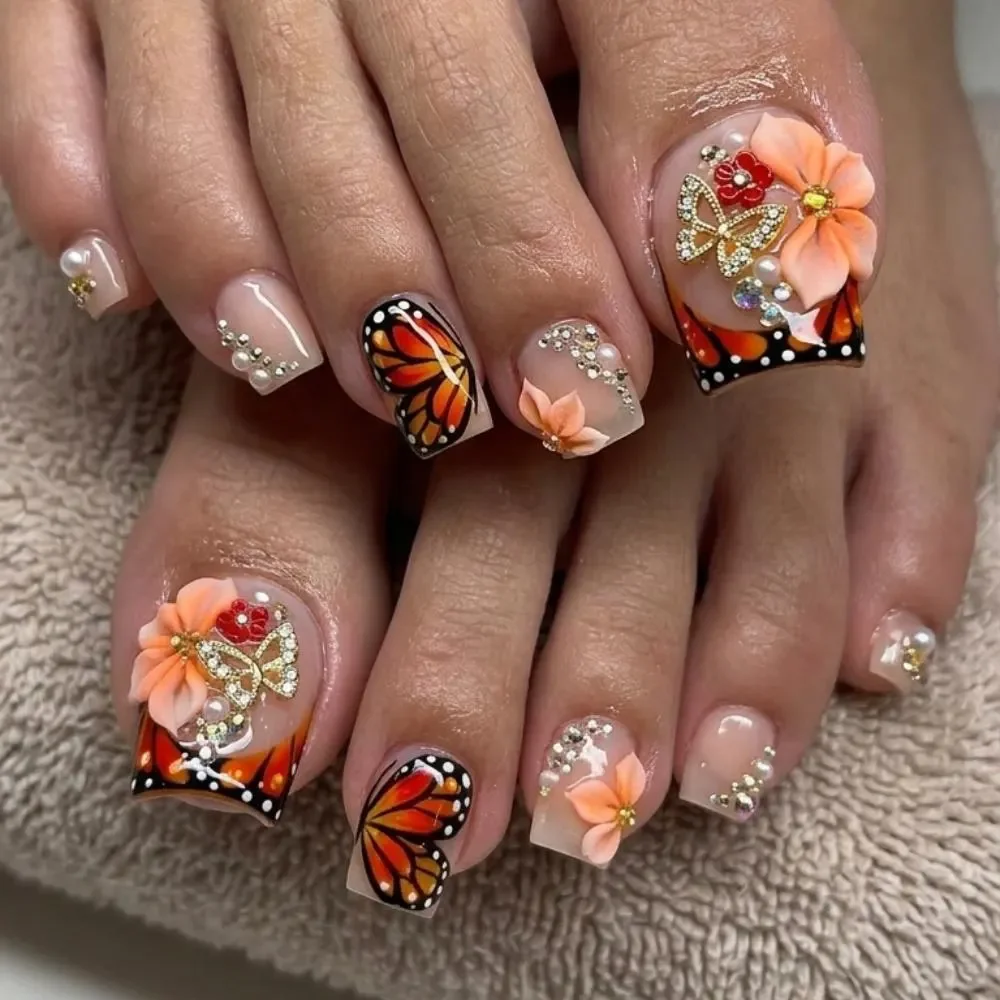 3D Monarch Butterfly, Press On Toes, press on nails, custom press on nails, fake nails, Nails Art, stained glass nails, gold press on nails, 3d press on nails, luxury press on nails, handmade press on nails