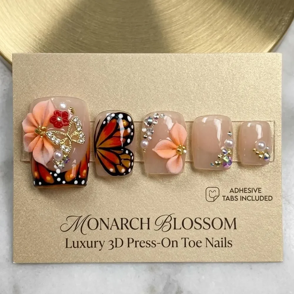 Orange Floral, Luxury Pedi, press on nails, custom press on nails, fake nails, Nails Art, stained glass nails, gold press on nails, 3d press on nails, luxury press on nails, handmade press on nails