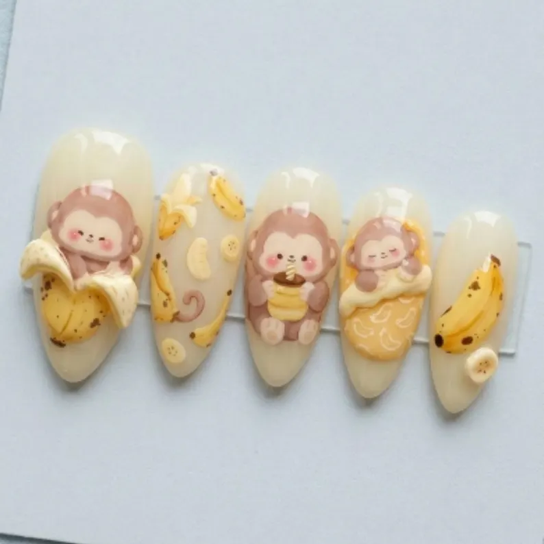 banana day nails, press on nails, custom press on nails, fake nails, Nails Art, stained glass nails, gold press on nails, 3d press on nails, luxury press on nails, handmade press on nails