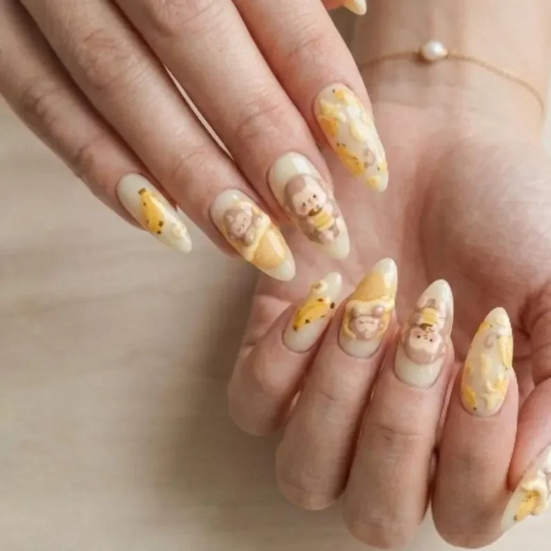 3D nail design, monkey banana theme, press on nails, custom press on nails, fake nails, Nails Art, stained glass nails, gold press on nails, 3d press on nails, luxury press on nails, handmade press on nails