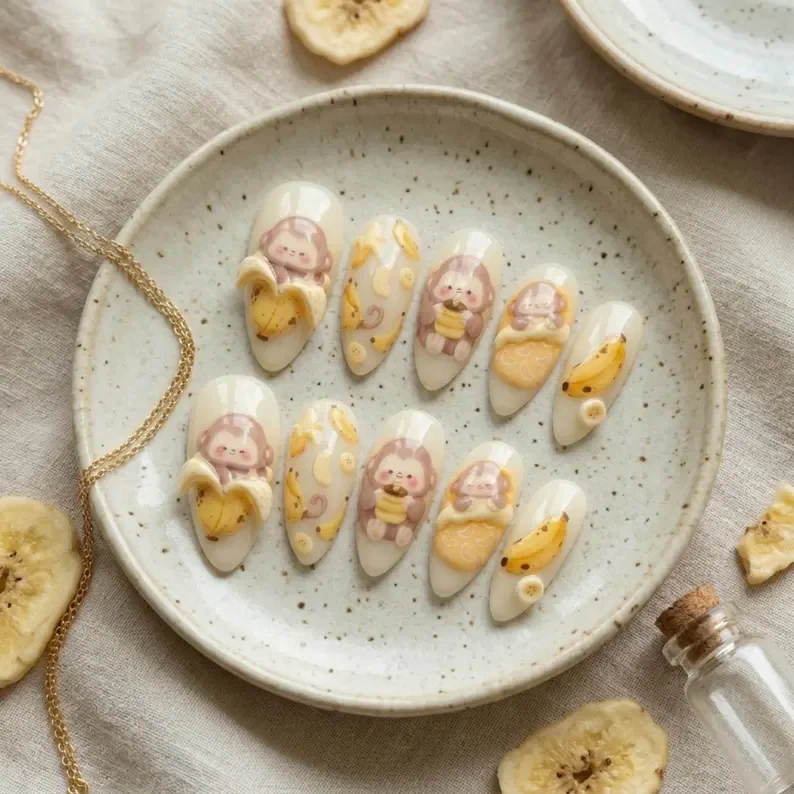 cute nail set, national banana day, press on nails, custom press on nails, fake nails, Nails Art, stained glass nails, gold press on nails, 3d press on nails, luxury press on nails, handmade press on nails