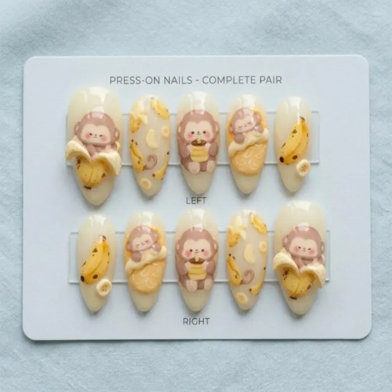 tropical nail art, 3D monkey nails, press on nails, custom press on nails, fake nails, Nails Art, stained glass nails, gold press on nails, 3d press on nails, luxury press on nails, handmade press on nails