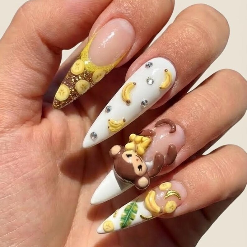 Kawaii Tropical, Tropical Nail Art, press on nails, custom press on nails, fake nails, Nails Art, stained glass nails, gold press on nails, 3d press on nails, luxury press on nails, handmade press on nails