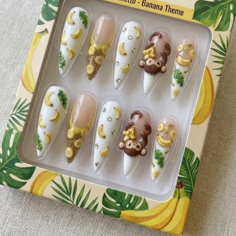 Kawaii Tropical, Tropical Nail Art, press on nails, custom press on nails, fake nails, Nails Art, stained glass nails, gold press on nails, 3d press on nails, luxury press on nails, handmade press on nails
