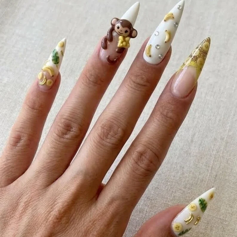 Monkey Nail Design, Press On Nails, press on nails, custom press on nails, fake nails, Nails Art, stained glass nails, gold press on nails, 3d press on nails, luxury press on nails, handmade press on nails