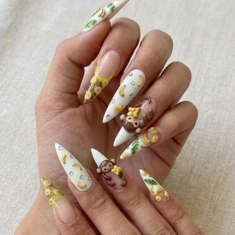 3D Nail Art, Cute Monkey Nails, press on nails, custom press on nails, fake nails, Nails Art, stained glass nails, gold press on nails, 3d press on nails, luxury press on nails, handmade press on nails