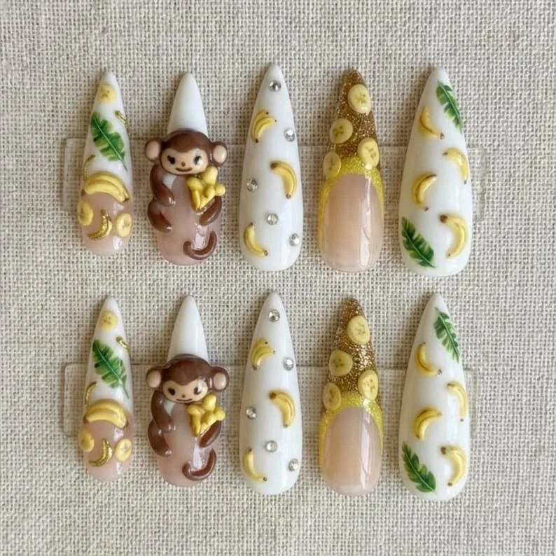 3D Monkey Nails, Banana Press On, press on nails, custom press on nails, fake nails, Nails Art, stained glass nails, gold press on nails, 3d press on nails, luxury press on nails, handmade press on nails