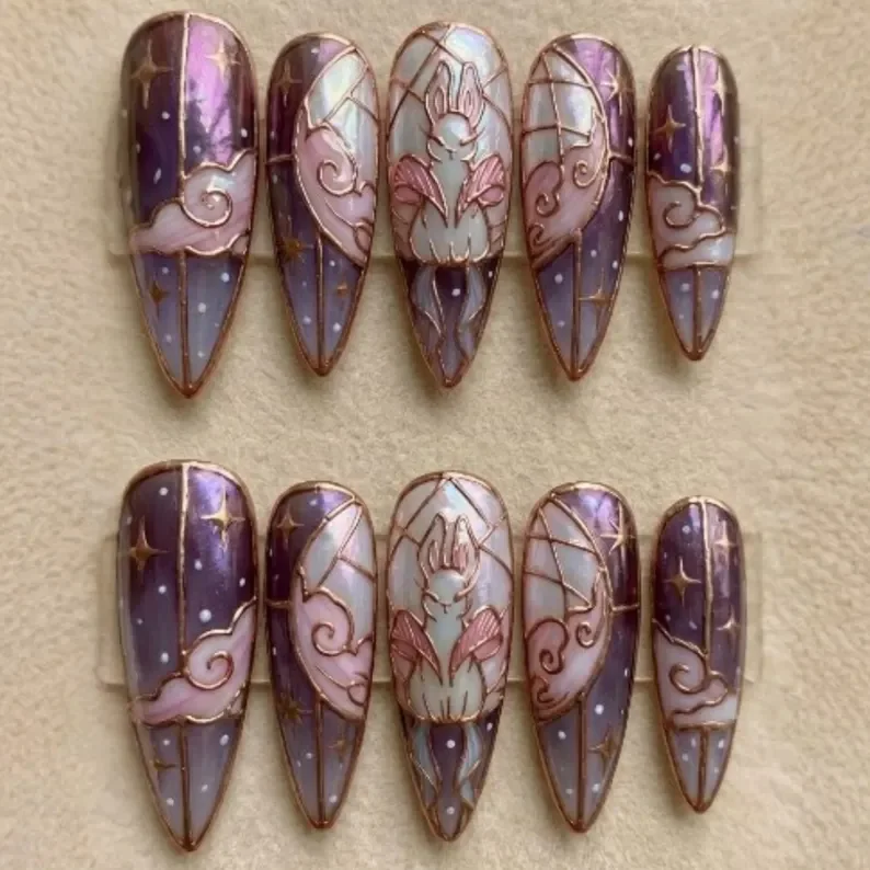3D Moon Bunny, Stained Glass Nails, press on nails, custom press on nails, fake nails, Nails Art, stained glass nails, gold press on nails, 3d press on nails, luxury press on nails, handmade press on nails