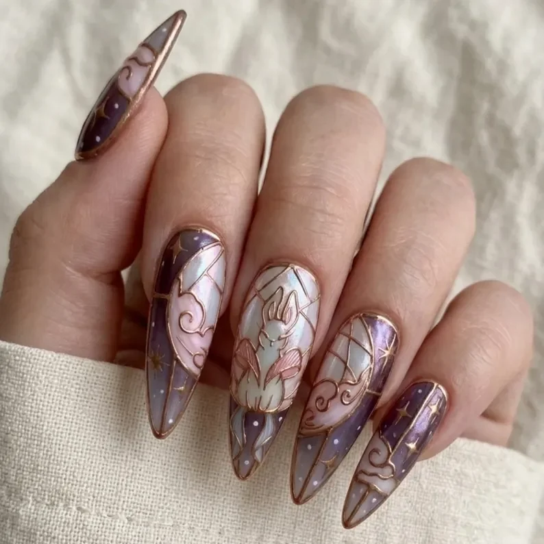 Press On Nails, Rose Gold Filigree, press on nails, custom press on nails, fake nails, Nails Art, stained glass nails, gold press on nails, 3d press on nails, luxury press on nails, handmade press on nails